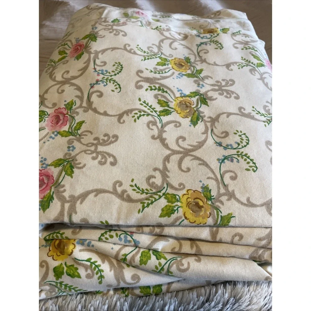 Vtg Cannon Royal Family FULL Sheet Set 70s Rose Watercolor‎ Floral Pink Lace